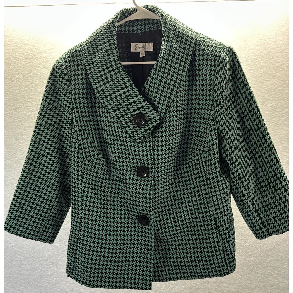 Emily Women's Sz 14W Green Houndstooth Three Button Jacket Shawl Collar Pockets